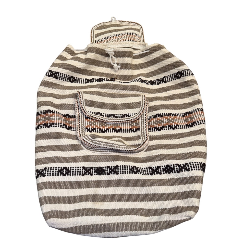 Bohemian Woven Cotton Striped Tribal Backpack Rucksack Earth Tones Drawstring
